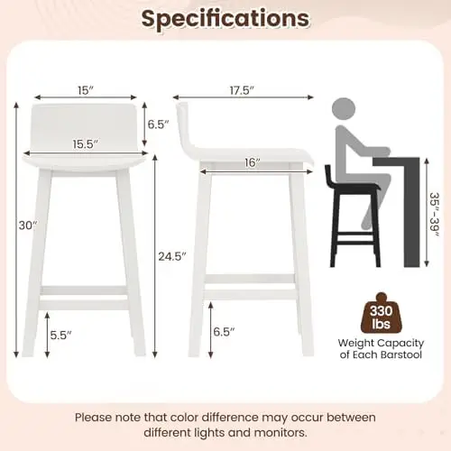 Solid Wood Bar Stools Set of 4, 24.5' Counter Height, Farmhouse White Kitchen Chairs