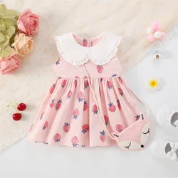 Summer New Baby Girls Dress Strawberry Print + Fox Crossbody Bag Lapel Ruffle Lace Lace Sweet Princess Dress Birthday Party Dres