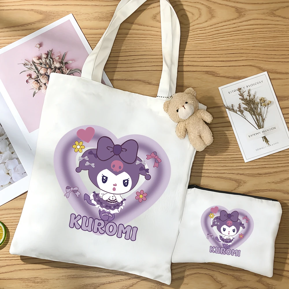 

3pcs/set Kuromi Printing canvas bag kawaii Anime figure Large capacity for students tote bag Stationery Storage gift