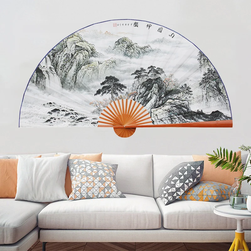 

Large Folding Paper Fan Chinese Style Crafts Banboo Frame Background Decorative Fan Hanging Landscape