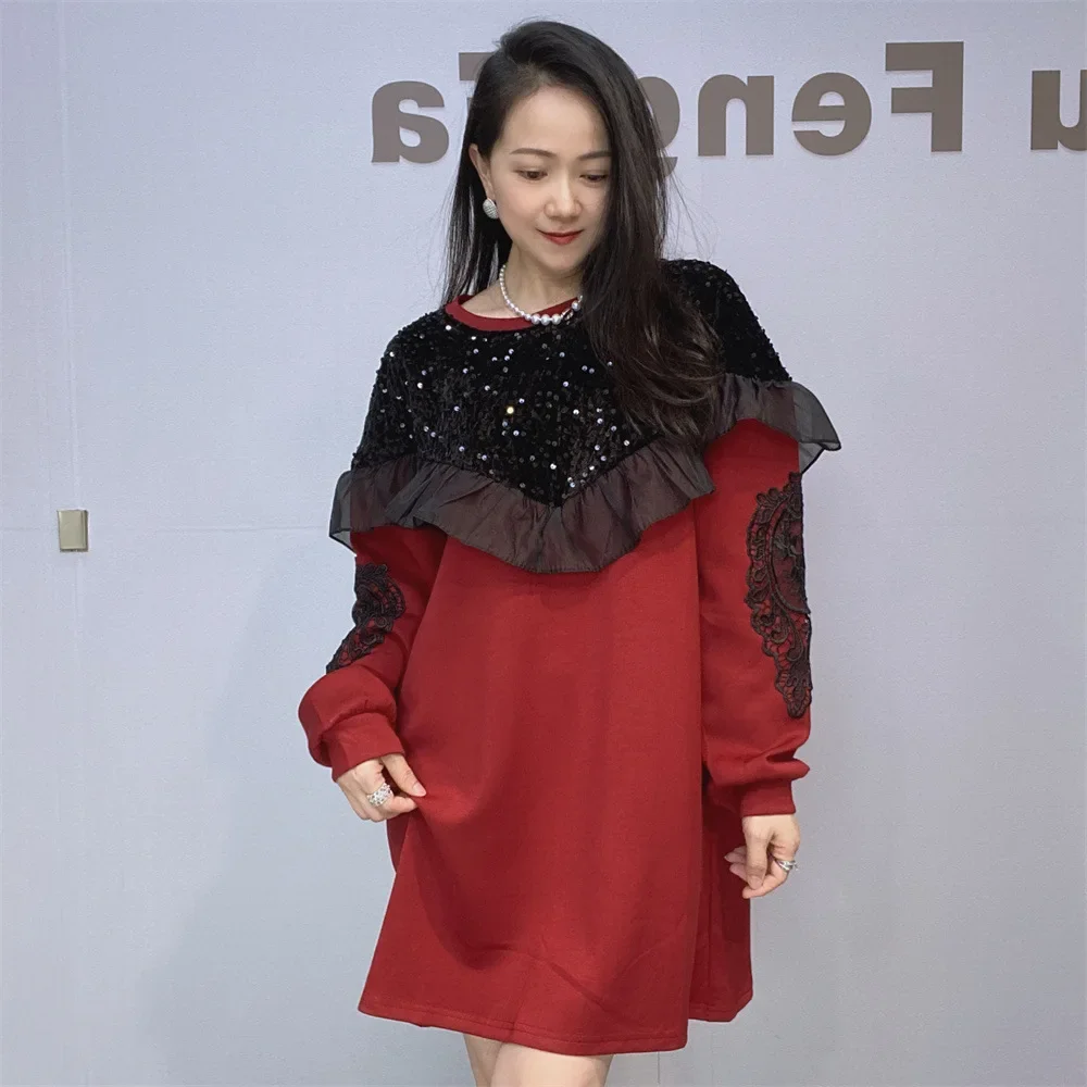 Heavy Sequins Sweater Dress Women 2024 New Autumn Winter Mid-long Space Cotton Dress Elegant Ruffles Splicing Bottoming Top