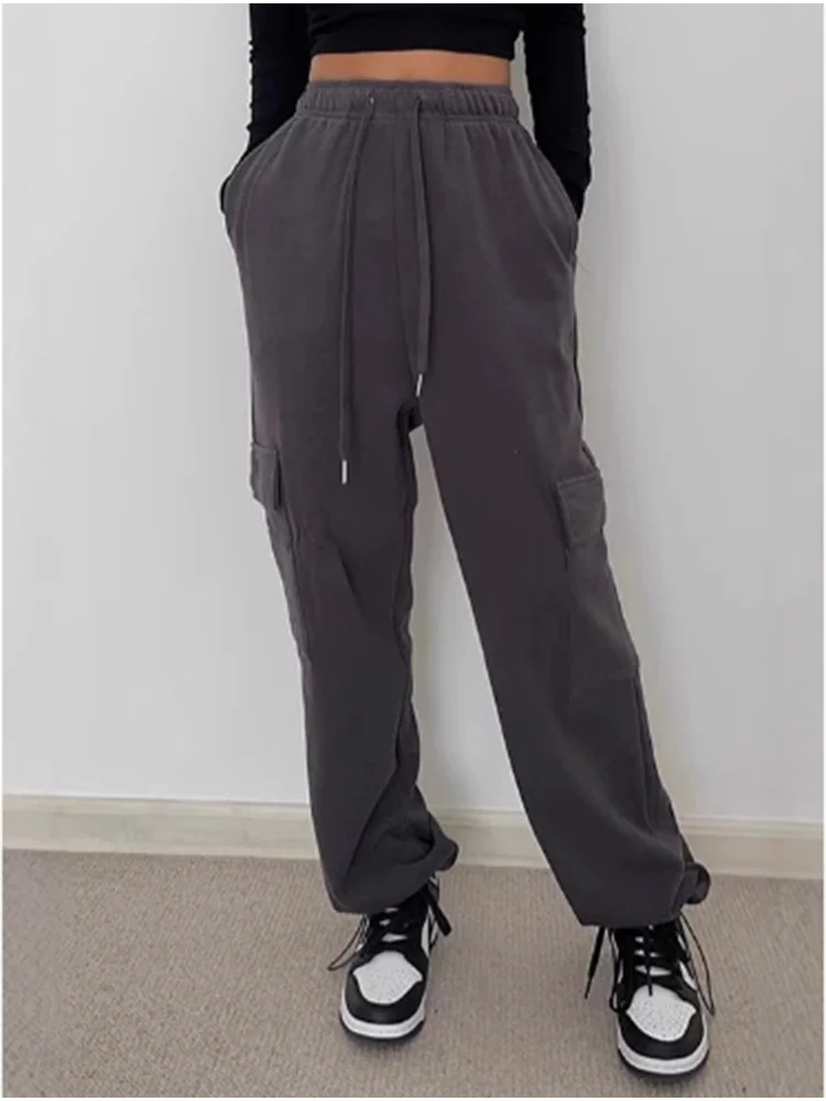 

Drawstring Pocket Pants Solid Color Micro Elastic Women's Sports Pants Street Fashion Loose Casual Autumn Straight Leg Pants