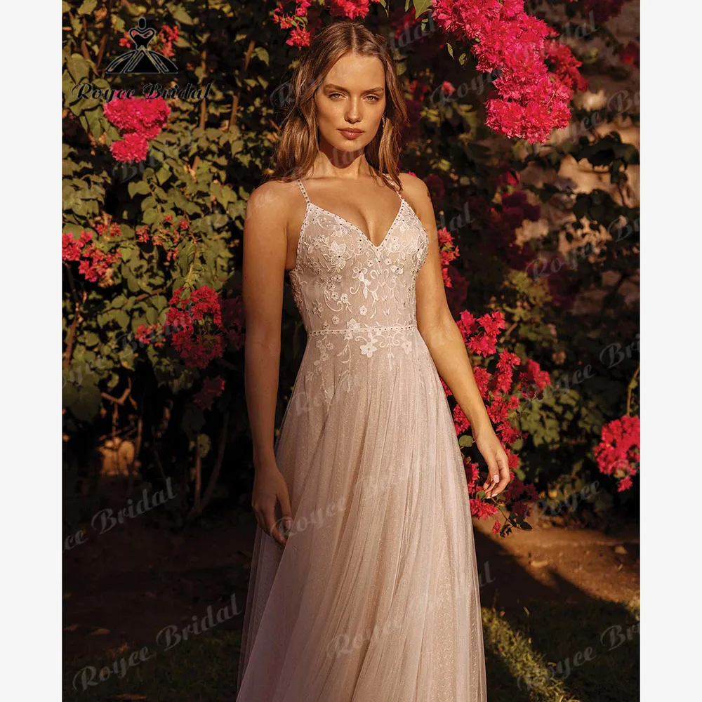 Modest Garden V Neck Lace Boho Spaghetti Straps Wedding Dress for Women 2024 Backless Bridal Gown vestido de novia playa Sexy