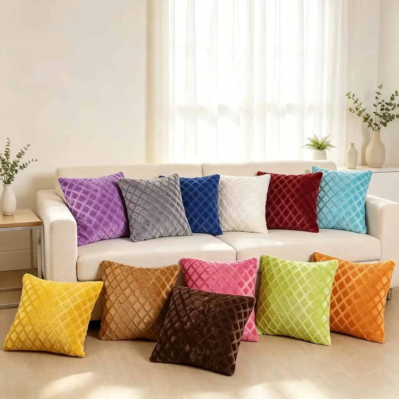 2PCS Soft Diamond Embossed Plush Pillow Covers Textured Cushion Case Invisible Zipper Sofa Bed Home Decoration Without Insert