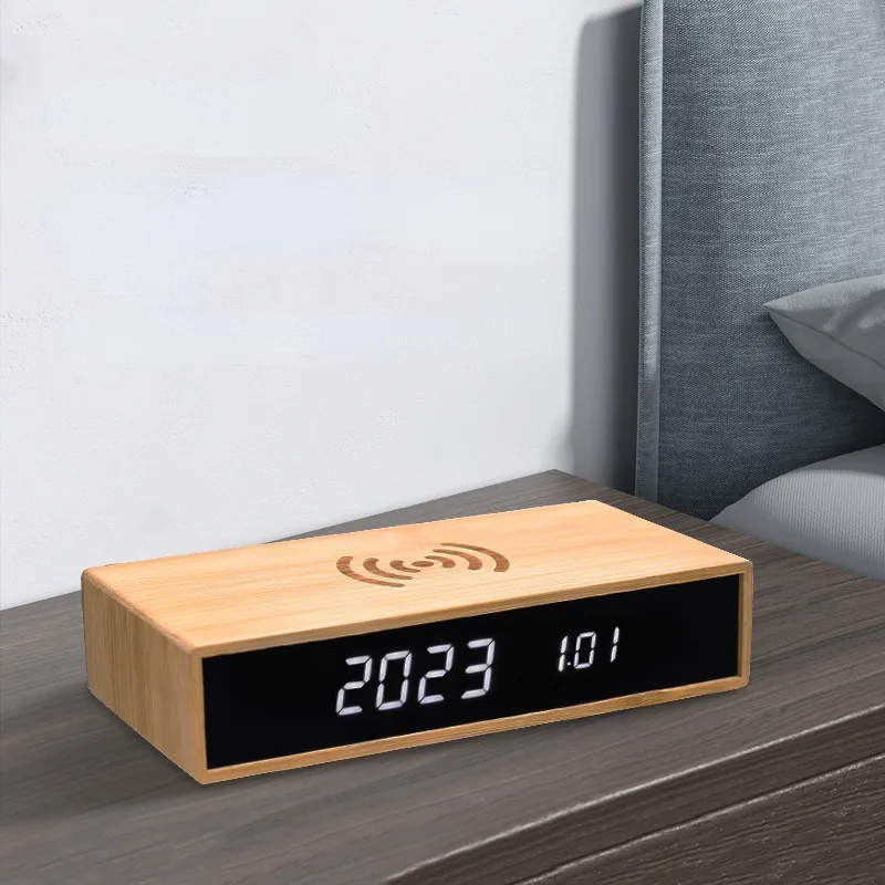 Bamboo 10W Wireless Charging Alarm Clock Desktop LED Digital Clock Time Temperature Date Display Voice Control Noctilucent