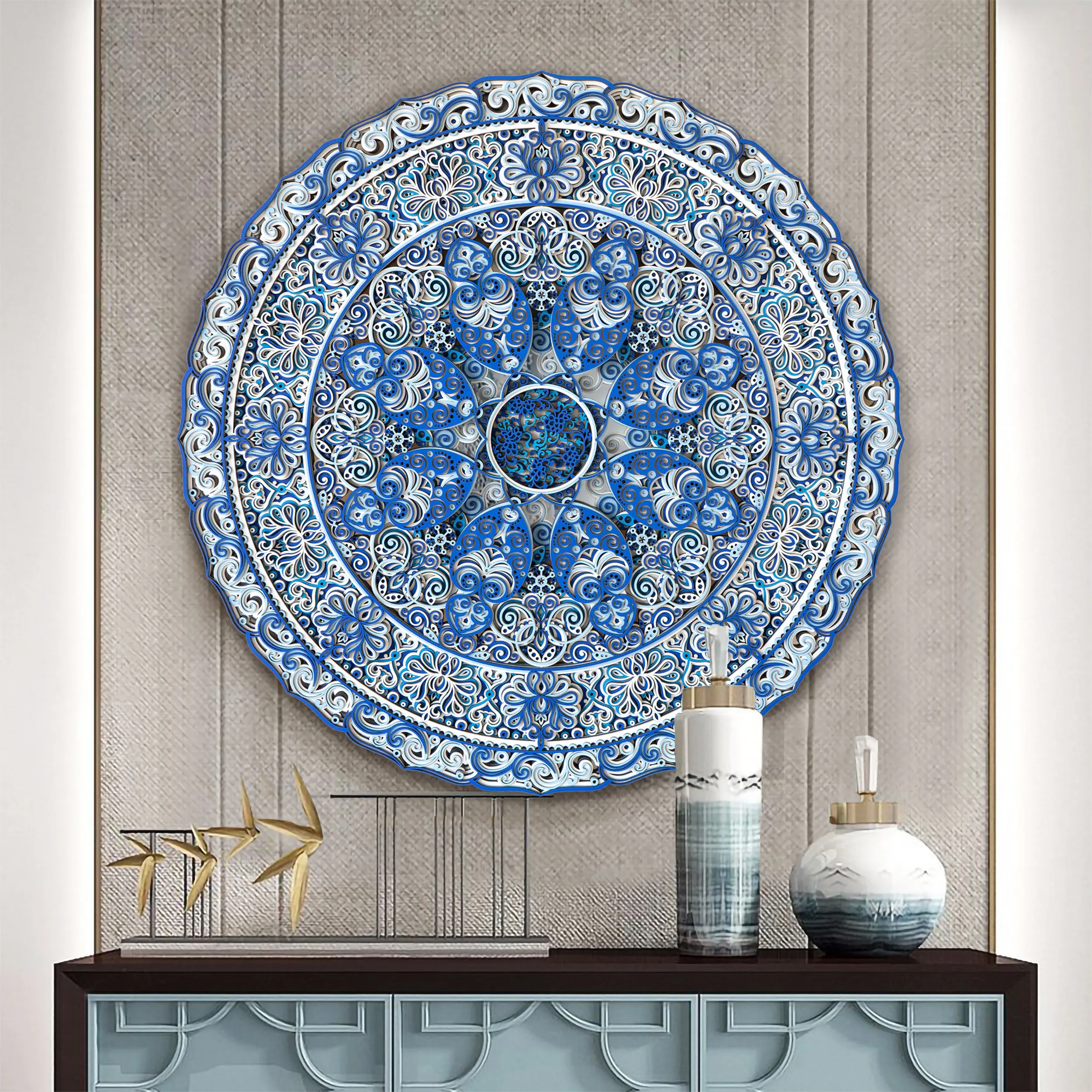 Ladder wood stacked carving round entrance painting living room art hanging painting new dining room decorative painting light