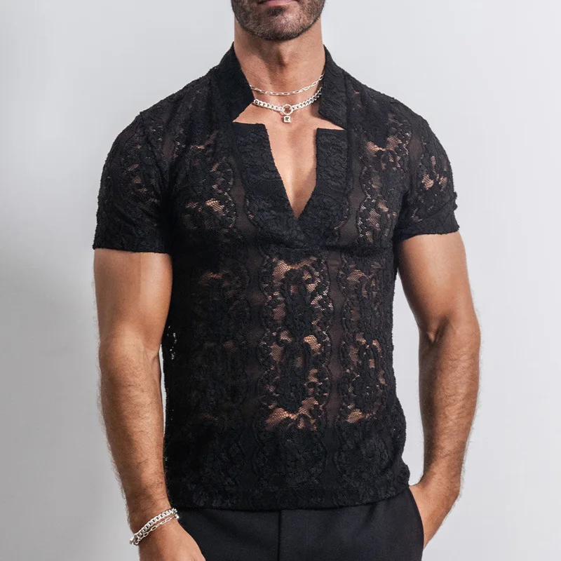 Mens Spring Casual Perspective Shirt Slim Fashion Short Sleeve Sexy Lace Shirt Male