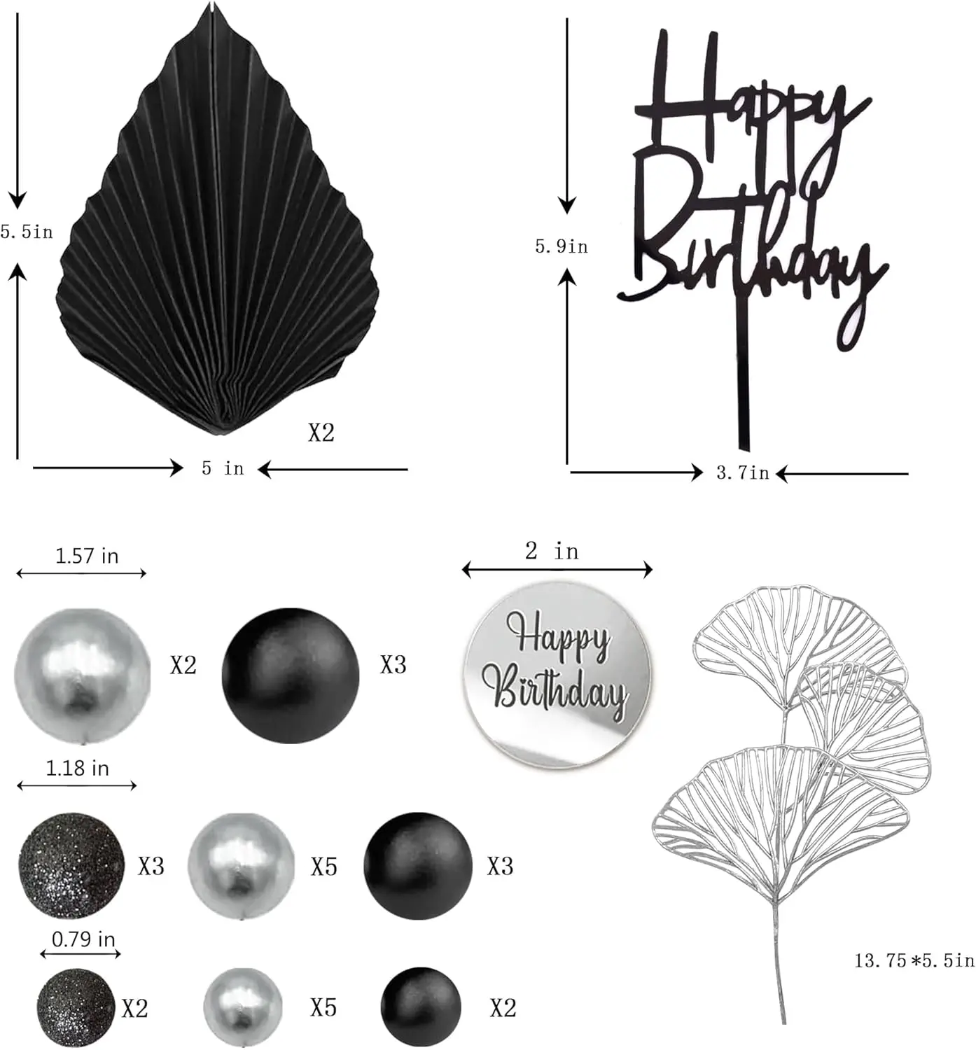 Silver Black Balls Cake Toppers Happy Birthday Cake Decoration for Wedding Baby Shower Birthday Party Decorations (Silver Black)