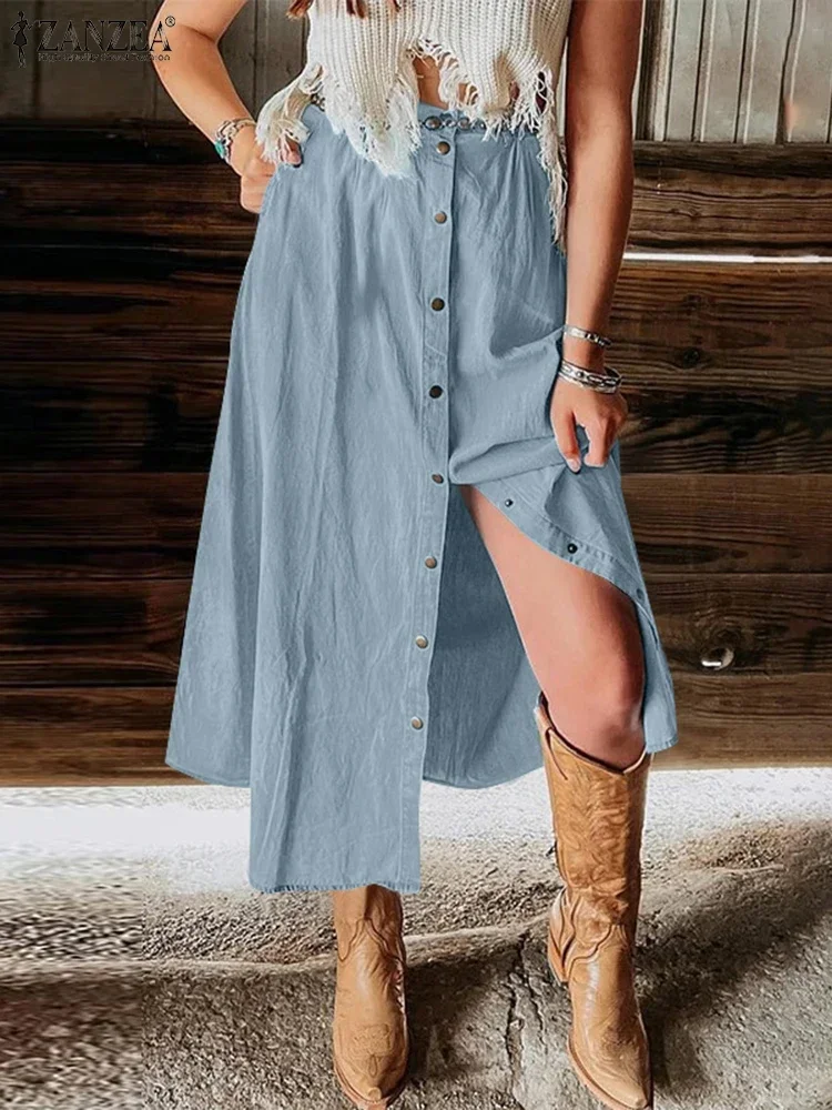 ZANZEA Damen-Röcke, einfarbig, modisch, elastisch, tailliert, lang, Jupes, lässig, lose Knöpfe, A-Linie, Faldas, Urlaub 2025, Sommerröcke