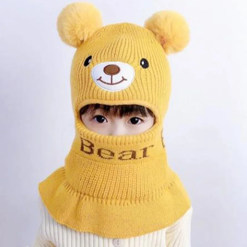 Bear Winter Baby Bonnet Hat Scarf One-Piece Pompom Kids Knitted Hat for Girls Boys Warm Ears Neck Children Cap for Skiing 2-6Y