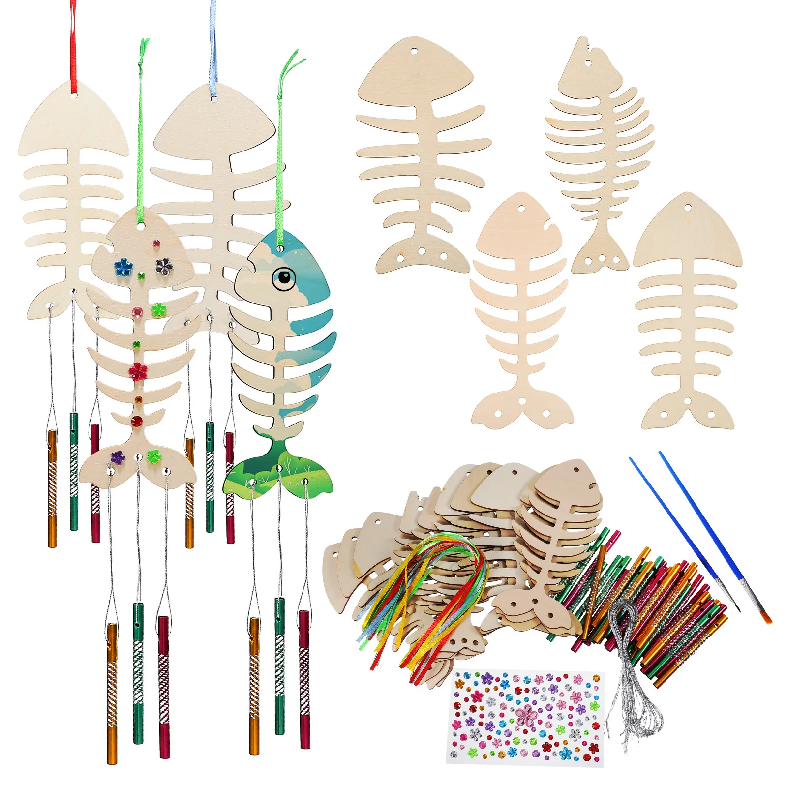 

12 Pack Wind Chime Kit Handmade Wooden Fishbone Decorative Hanging Ornaments DIY Wind Bell Paintbrush Silver Wire Included