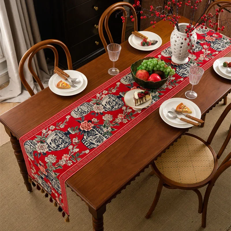 Chinese Yarn-Dyed Jacquard Table Runner Ethnic Fringed Polyester Dining Table Decor for Party Anti-Scratch Dust-Proof Tablecloth