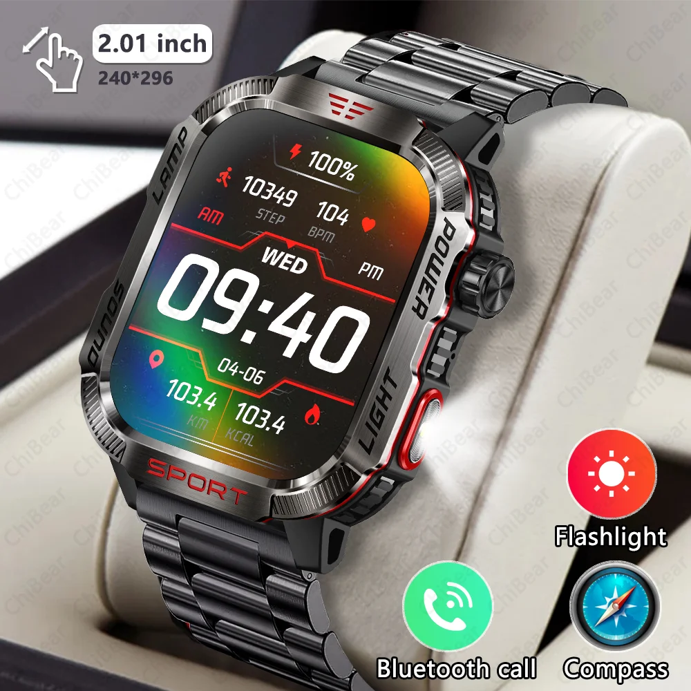 

2025 New Military Smartwatch Men GPS Outdoor Sports Fitness 600 mAh Battery Flashlight 2.01 HD Screen Bluetooth Call Smart Watch