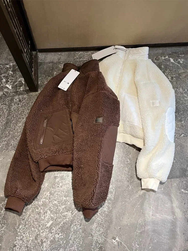 2026 Autumn and Winter Jackets for Women Black Stand Collar Warm Lamb Wool Coat Women Fashion Thickened White Loose Jacket Women