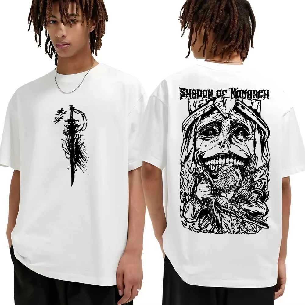 Camisetas estilo Harajuku de nivelación individual de Anime japonés, camisetas Punk de Estatua de Dios Sung Jinwoo para hombres y mujeres, Camiseta de algodón