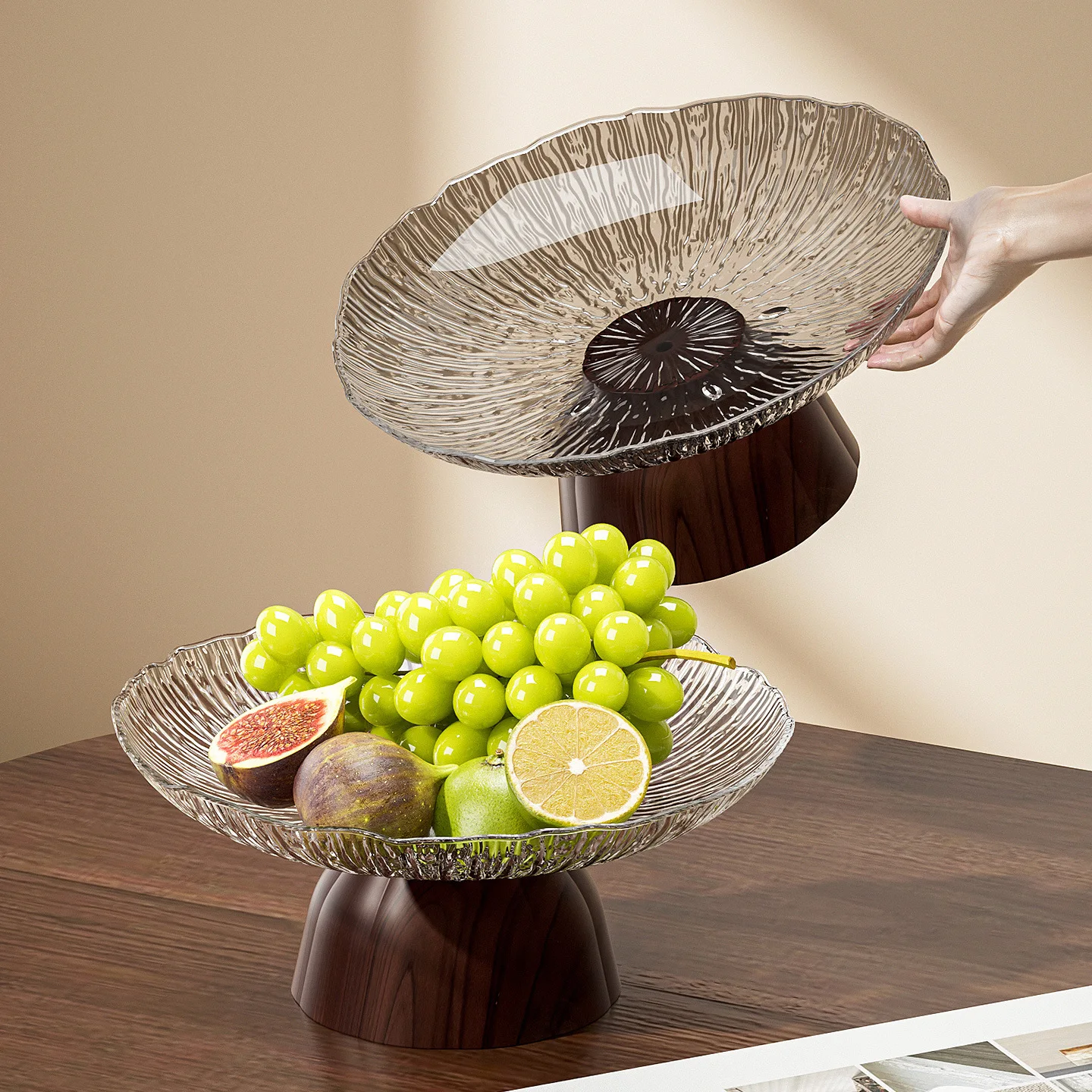 New light luxury high-footed fruit plate wood grain base round dessert plate household living room snack placement plate dried