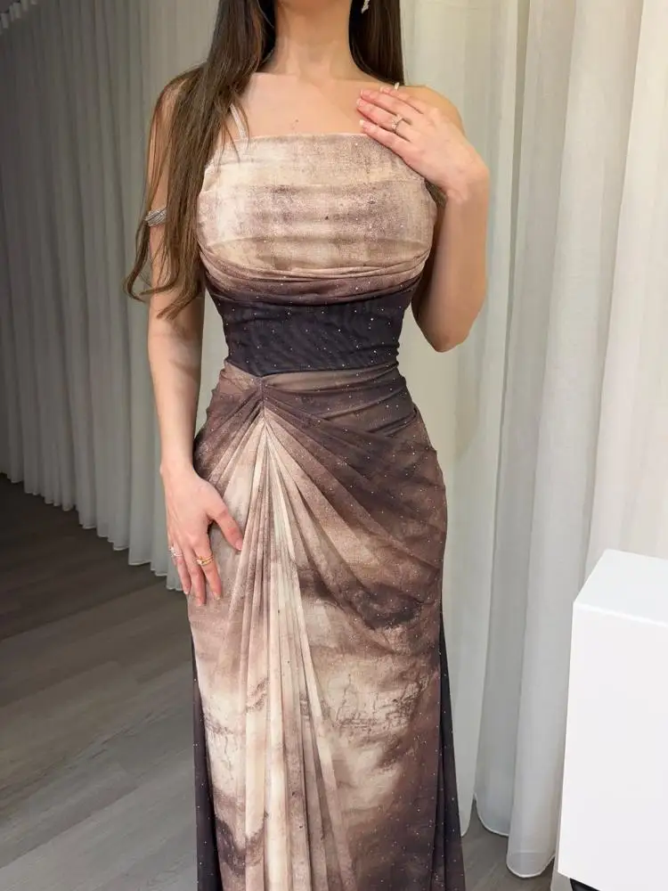 Customized Elegant Gradient Print Spaghetti Strap Ankle Length Dress Women Ruched Waist Sleeveless Formal Evening Party Cocktail