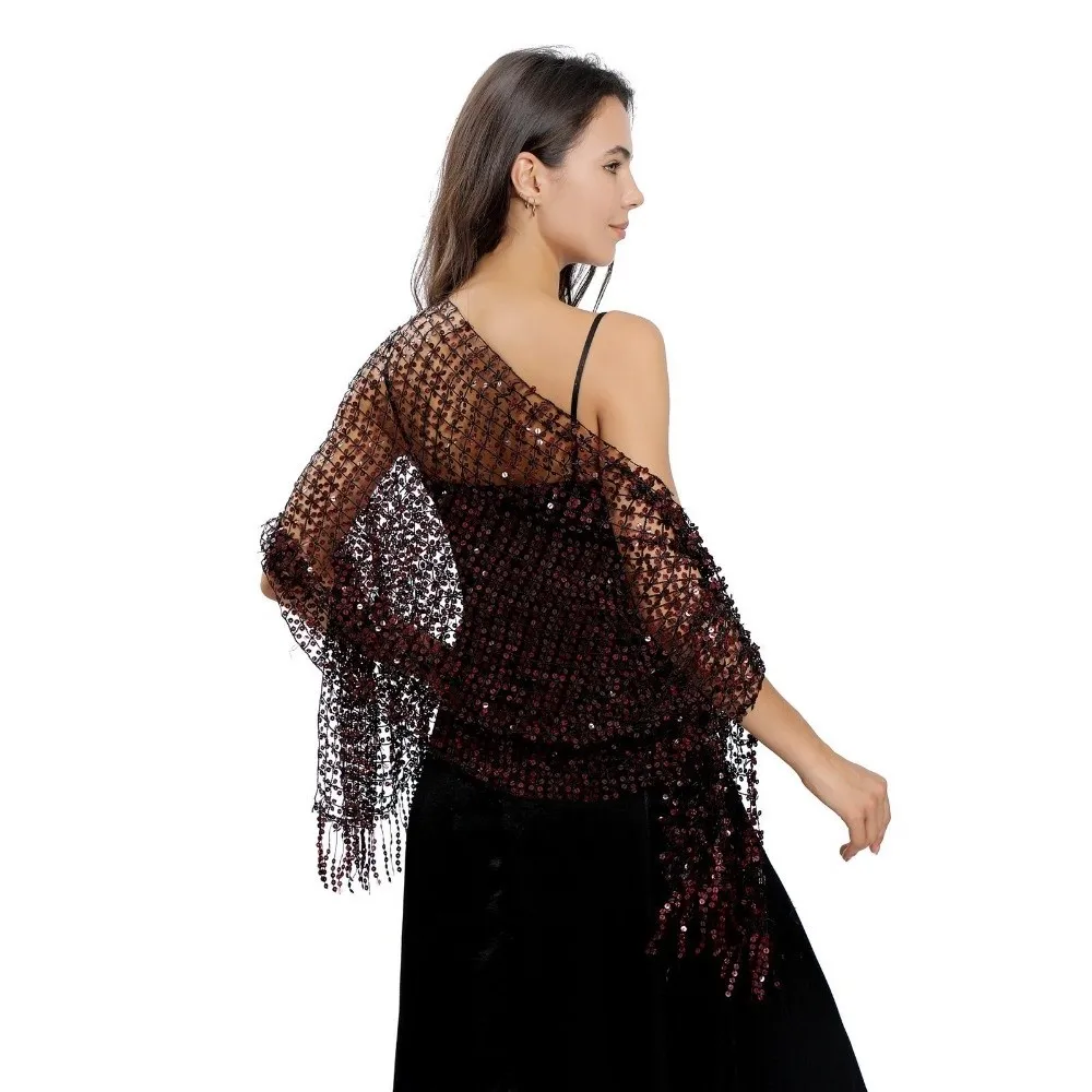 Fashion Elegant Sparkle Sequin Fringe Scarf Formal Wrap Glitter Shawl Vintage Hollow Out Boho Headscarf Bride