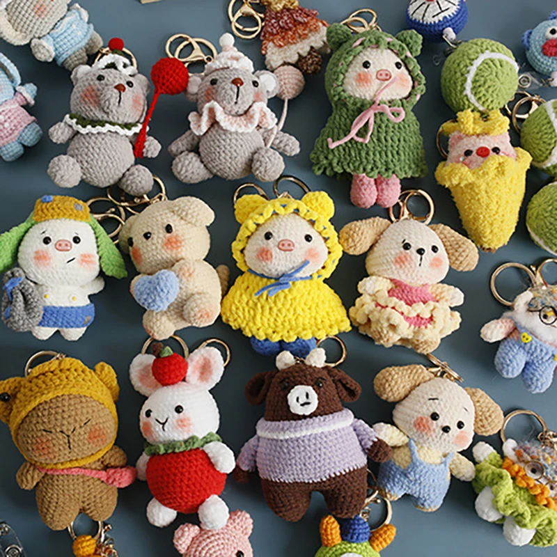 

Funny Animal Doll Crochet Keychain For Car Keys Cartoon Piggy Knitting Doll Keyrings For Bag Pendant Knitted Puppy Accessories