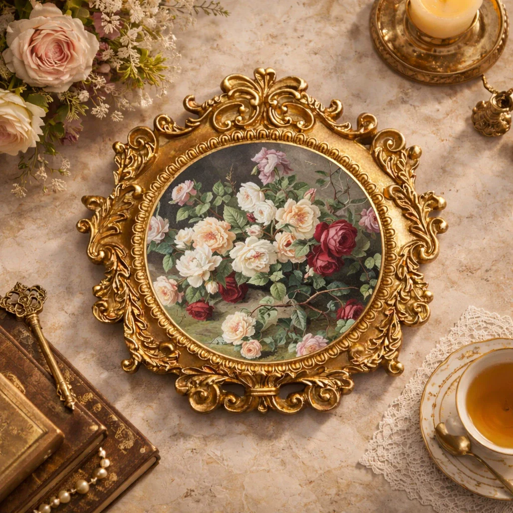 Vintage Frame Round Frame for Picture Embossed Holder Elegantly Table Wall Hanging Decor Small Antique Ornate Gold Frames Gift
