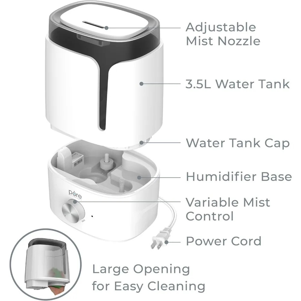 Cool Mist Humidifier - Easy-Clean 3.5L Tank Lasts up to 50 Hours; Whisper Quiet, & Auto Shut-Off for Large Living Rooms