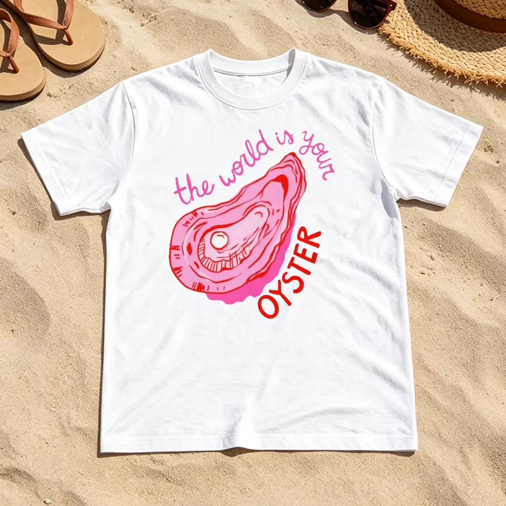 Graphic Oyster Men Women Print T Shirt The World Is Your Oyster Letter Tee Vintage Pink Aesthetic Short Sleeve Cotton Tshirt Top