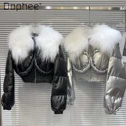 Abrigo de plumón corto brillante para mujer, chaqueta de cintura elástica con cuello de lana, Parka gruesa y cálida, ropa de exterior, moda de invierno, 2024