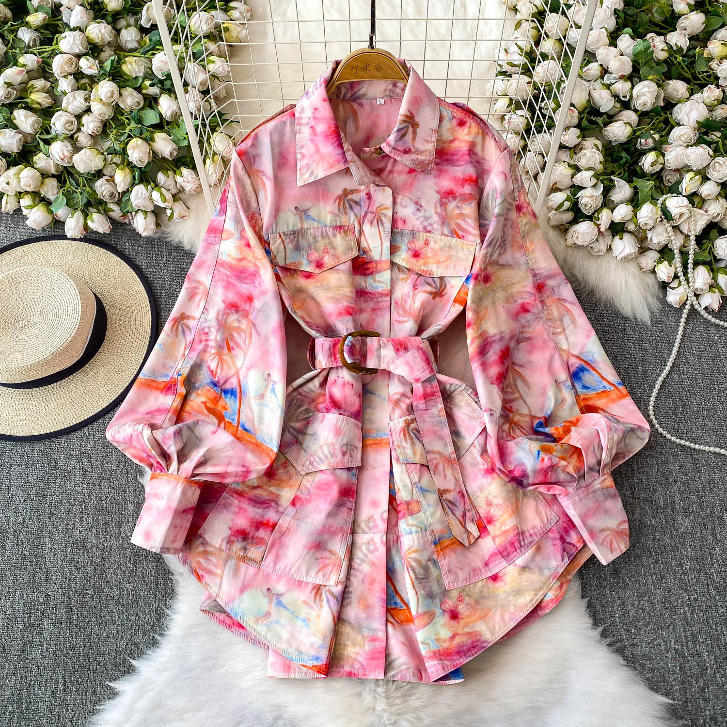 

SuperAen Turn-down Collar Lantern Sleeve Shirt Design Straps Waist Jacket for Women Fashion Printed Coats