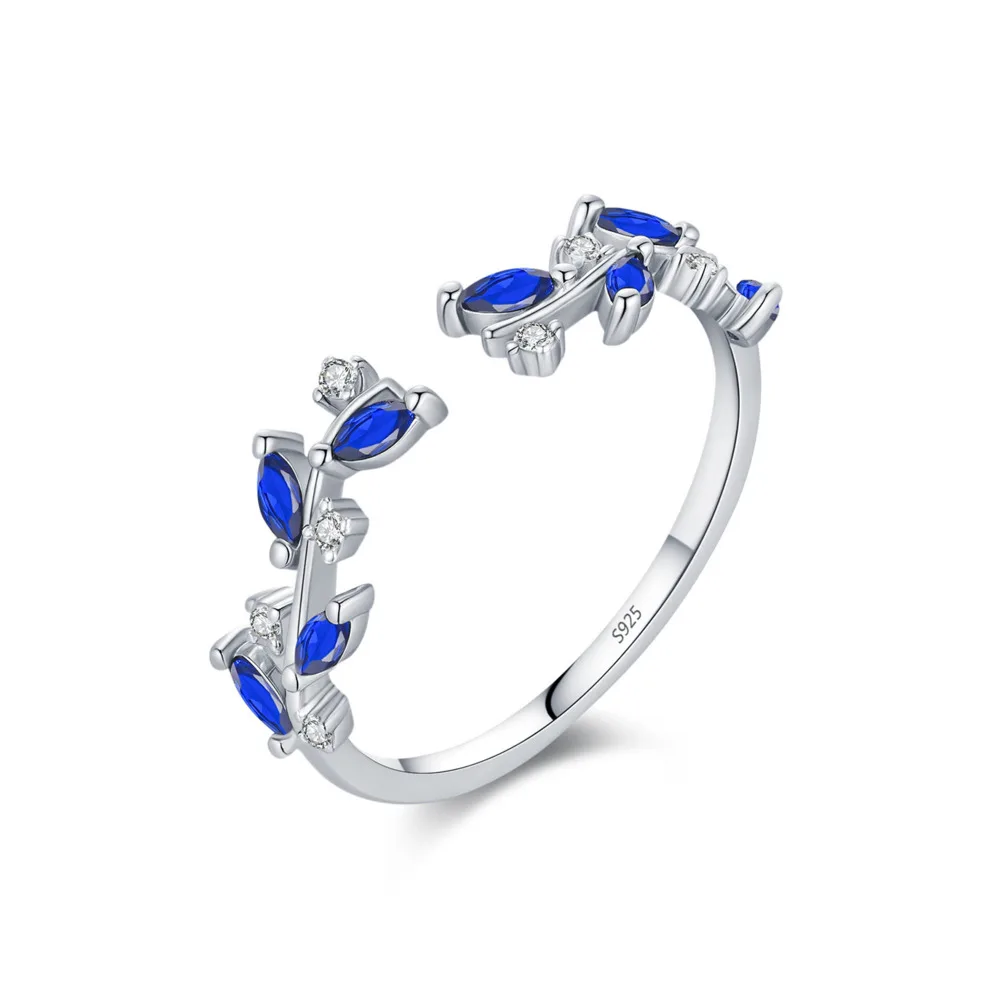 

GL S925 Silver Delicate Leaf Ring with Sparkling Zircon, Women’s Fresh Forest Style Adjustable Open Band, Ideal Gift Choice