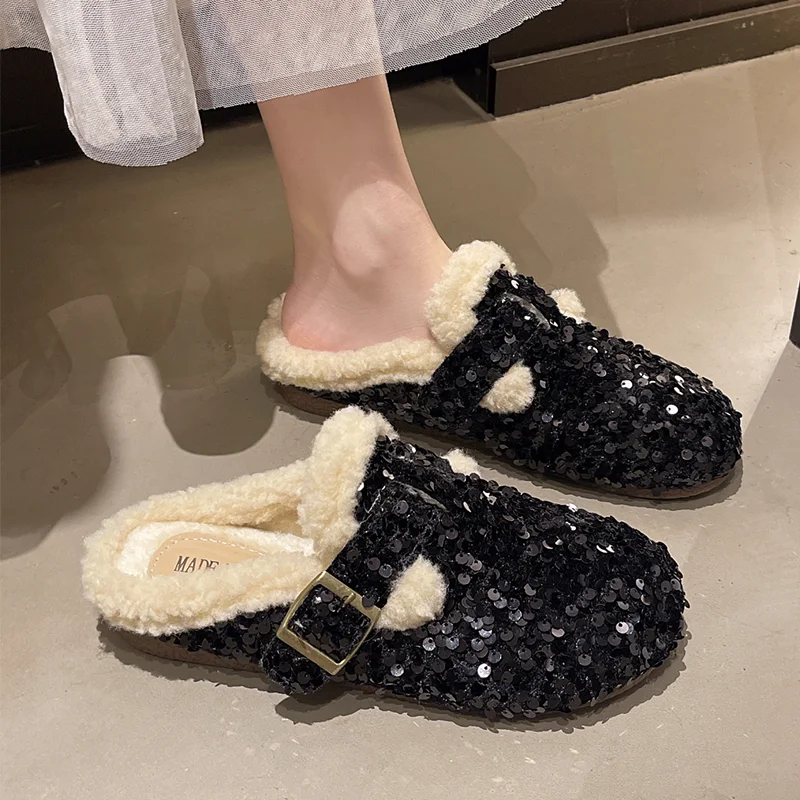 بلينغ النساء النعال الشقق البغال أحذية فاخرة بدعة أحذية قطنية 2025 شتاء جديد المنزل الوجه يتخبط فستان مريح Mujer Zapatos