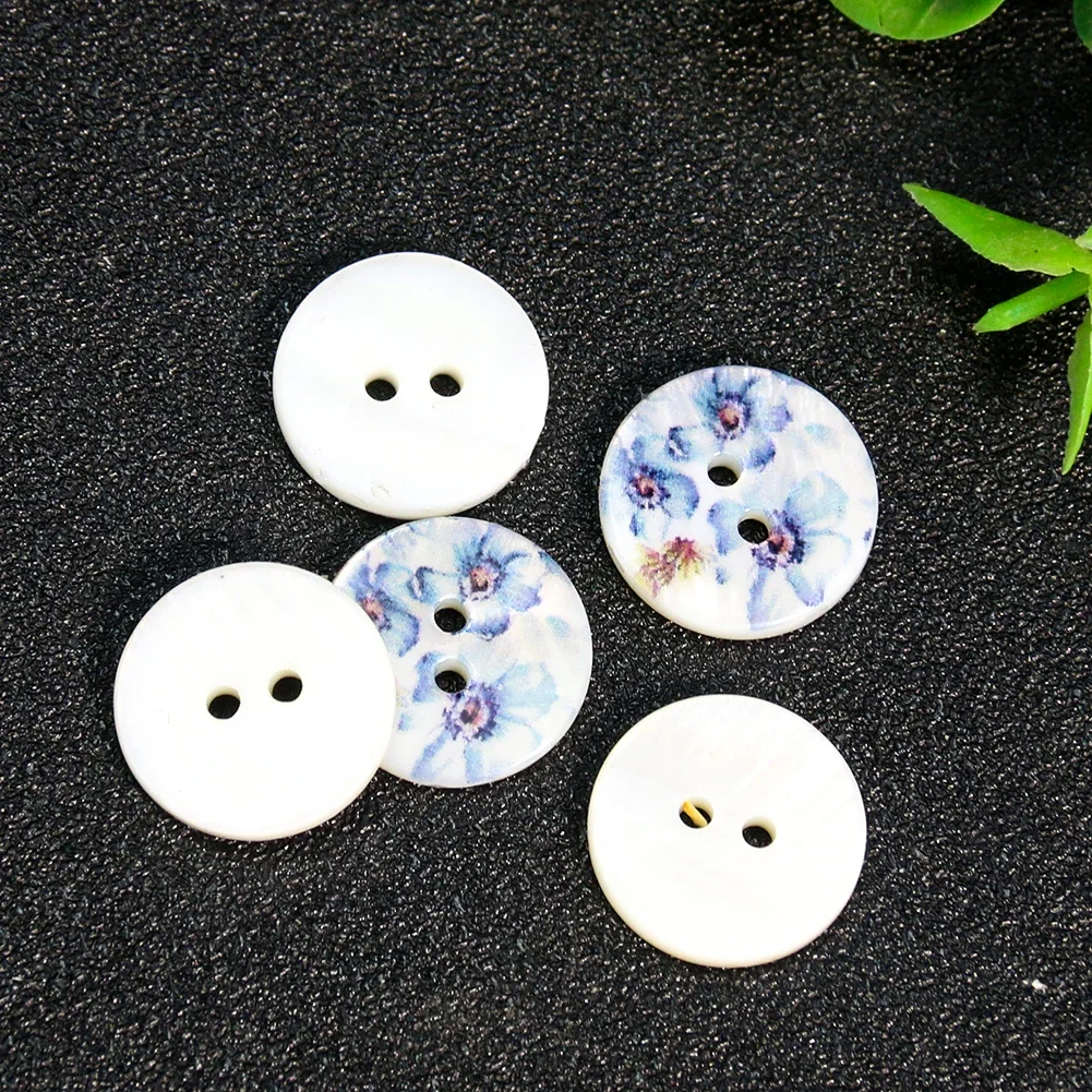 5PCS Blue Forget-me-not Peony Flower Real Mother of Pearl Shell 2-holes Flatback Round Buttons DIY Shirt Cufflinks Sewing Crafts