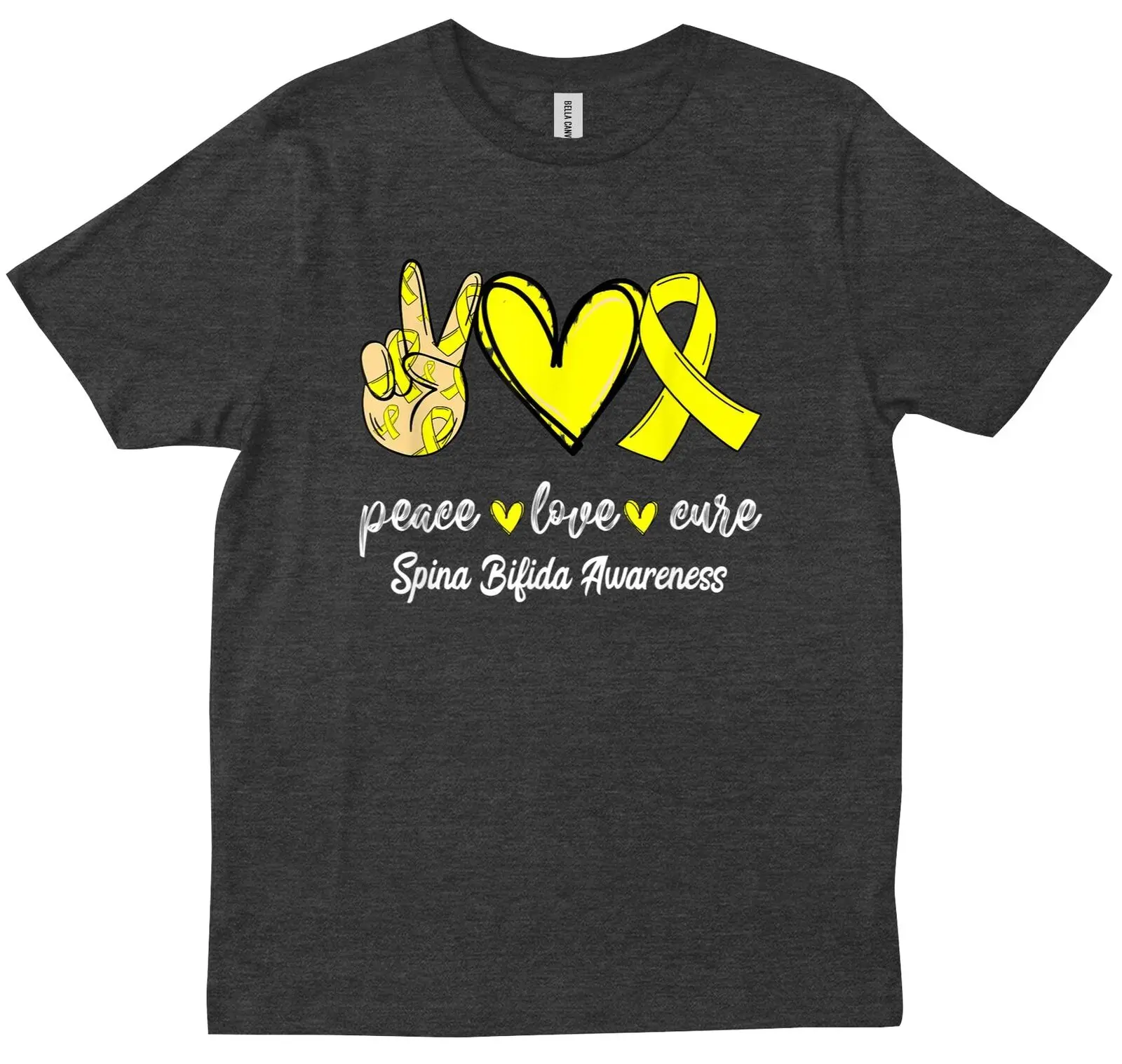 Футболка Peace Love Hope с желтой лентой Spina Bifida Awareness
