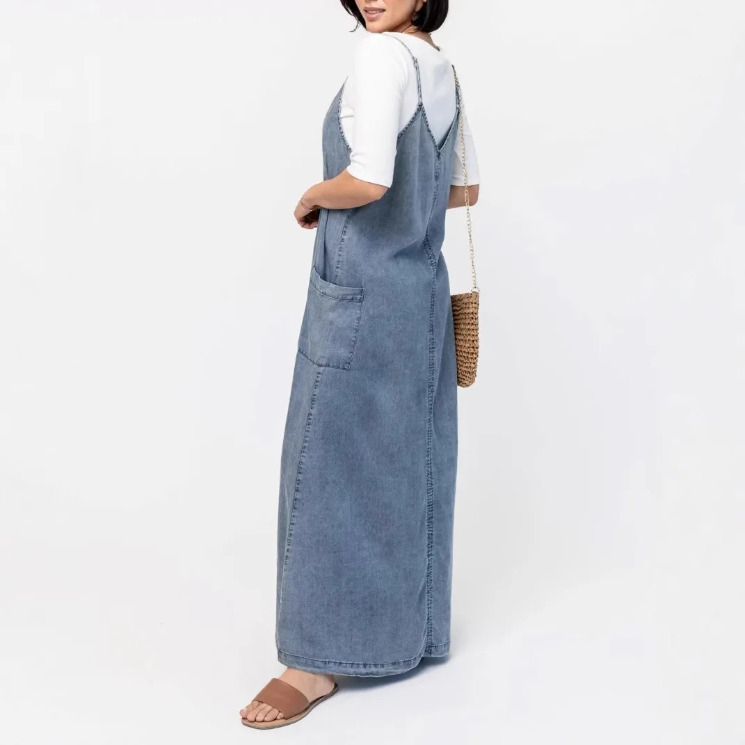 

Womens Dresses 2025 Spring Autumn New Solid Color V-Neck Sleeveless Loose Fit Casual Pocket Design Long Cowboy Dress