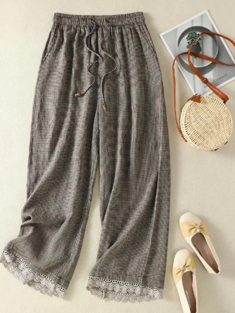 Retro plaid wide leg pants women in summer lace patchwork elastic waist lace-up casual high waisted straight leg pants