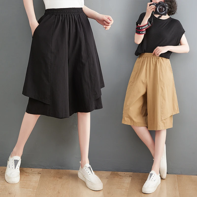 صيف جديد حجم كبير المرأة عادية واسعة الساق ort السراويل غير النظامية الربط فضفاضة تناسب خمسة أرباع طول التخسيس تنورة السراويل