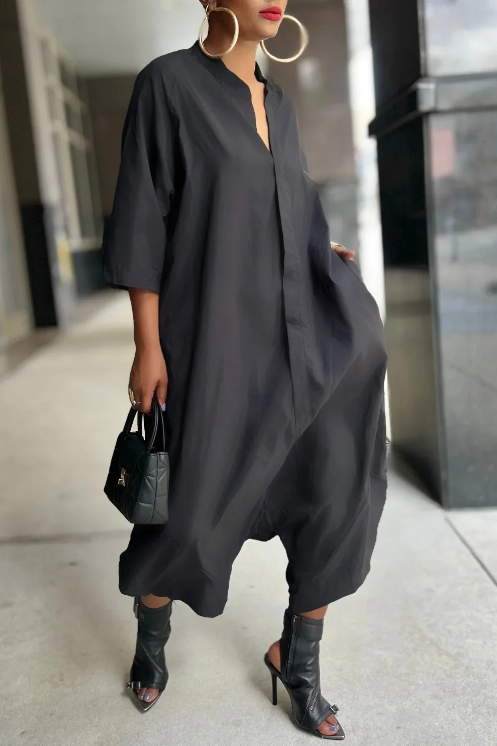 

Women Plus Size Jumpsuit Business Casual Black Shirt Collar 3/4 Sleeve Pocket Harem Pants Rompers Single Breasted Loose Outfits