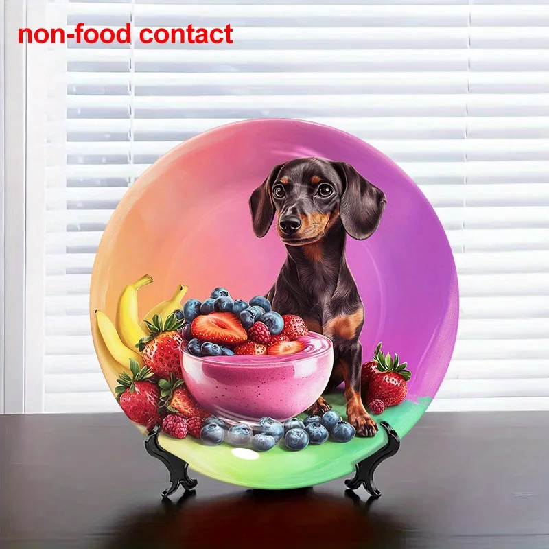 2D Flat, 1pc 8-Inch Round Ceramic Wall Art Plate - Dachshund & Fruit Design (Bananas, Strawberries, Blueberries) in Pastel Pink