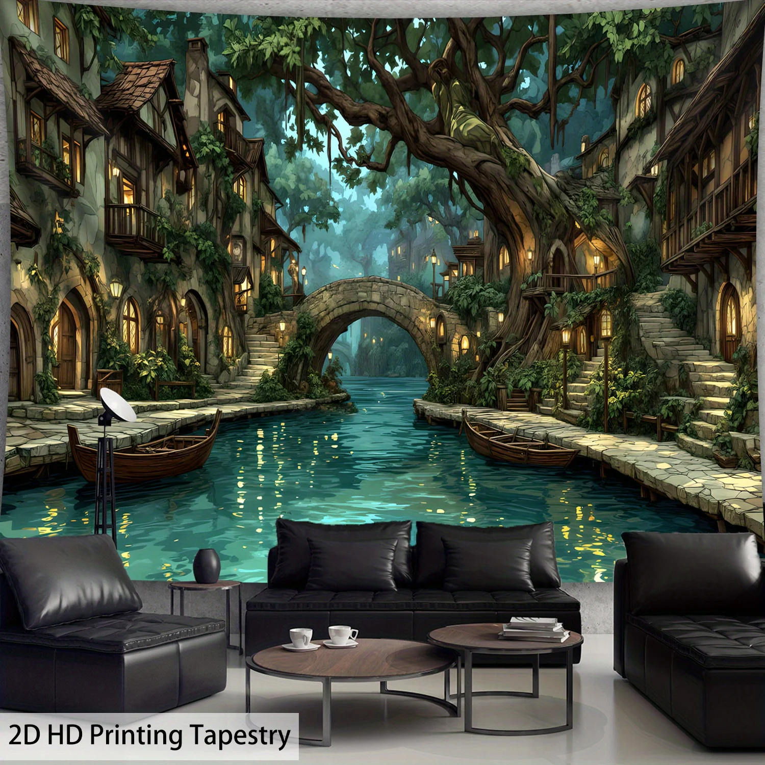 Fantasy Forest Village River Bridge Tapestry Medieval Cottage Core Aesthetic Green Nature Scene Wall Hanging Boho Dorm Decor 2D