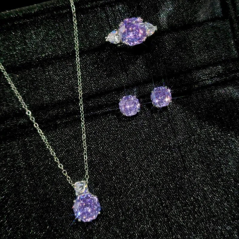 Geometric Millennium Rose Cut Purple Lithium Iolite AAA Zircon Flower 925 Sterling Silver Necklace Pendant Luxury Elegant Women'