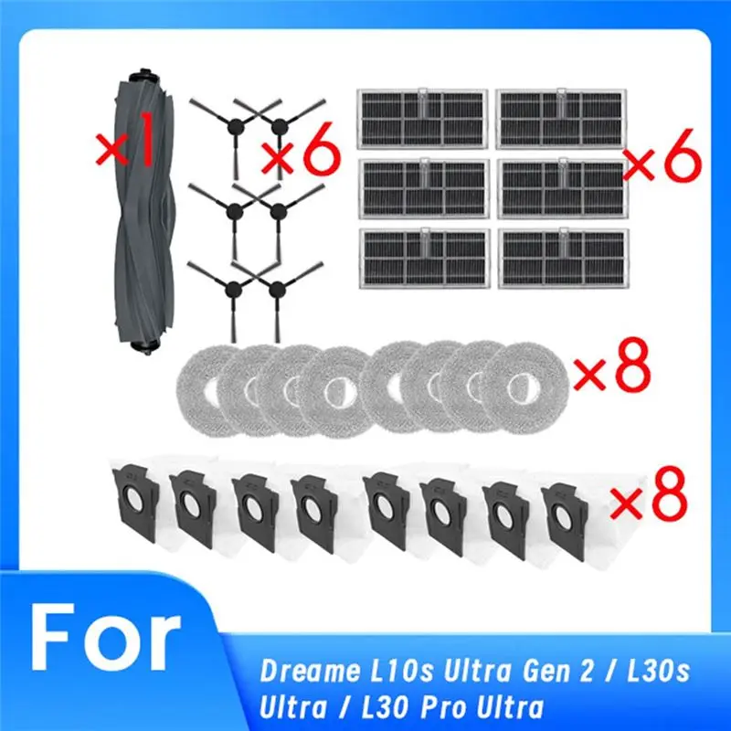 

29 предметов для робота-пылесоса Dreame L10s Ultra Gen 2 / L30s Ultra / L30 Pro Ultra: основная и боковые щетки, насадки для влажной уборки, фильтры, мешки для сбора пыли