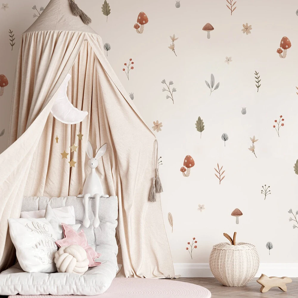 Boho dessin animé champignon branche feuilles fleurs motif Stickers muraux pour chambre d'enfants bébé pépinière chambre décor à la maison intérieur décalcomanies