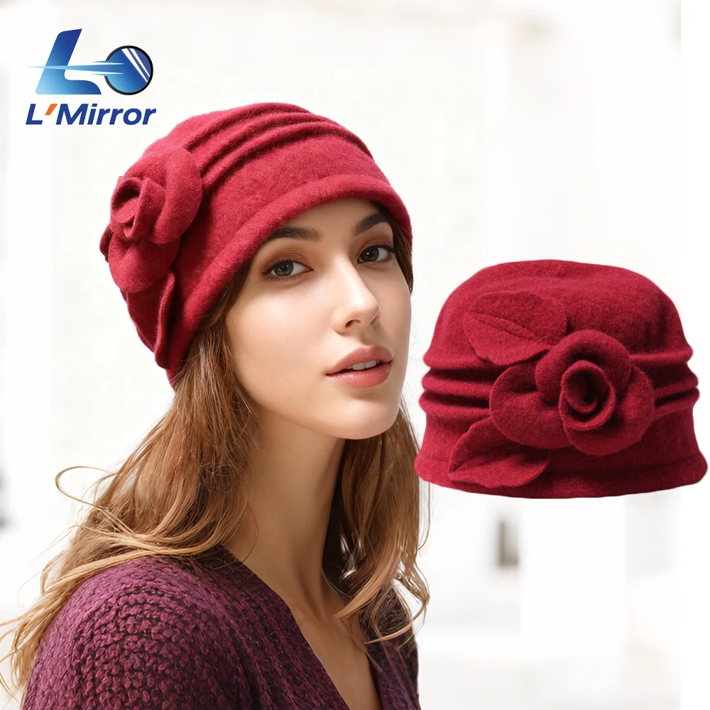 

L●Mirror Women's 100% Wool Cloche Bucket Hat-Elegant Beret Fedora Cap with Flower,Warm Winter Hat for Daily Wear Office Dates