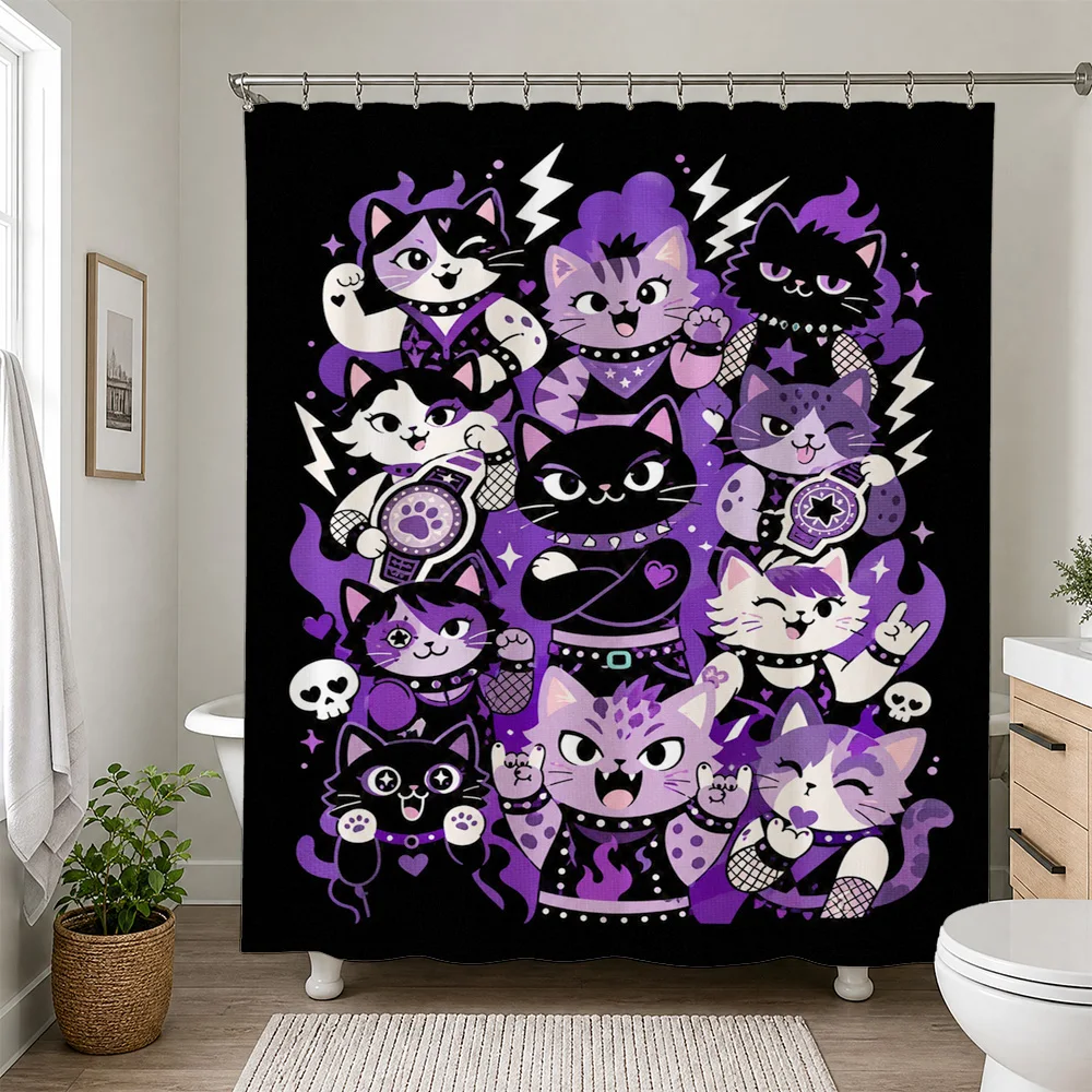 Cute Kawaii Cat Gang Shower Curtain Bathroom Decor Fun Pop Art Animal Print Shower Curtain