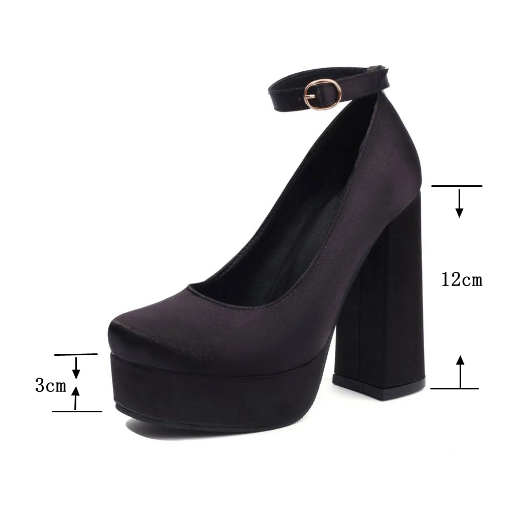 REAVE CAT Brand Shoe Women Pumps Square Toe Satin Chunky High Heel 12cm Platform 3cm Buckle Strap Sexy Party Large Size 43 44 45