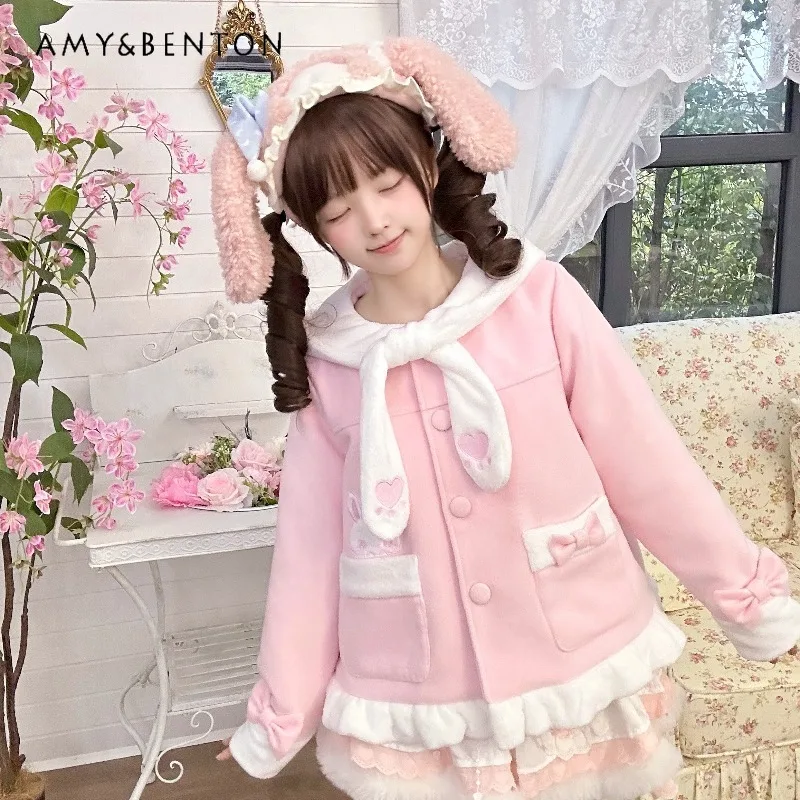 

Sweetheart Girl Cute Plush Bunny Ears Hooded Coat Cartoon Embroidery Ruffle Trim Patchwork Thickened Short Coat Women Winter
