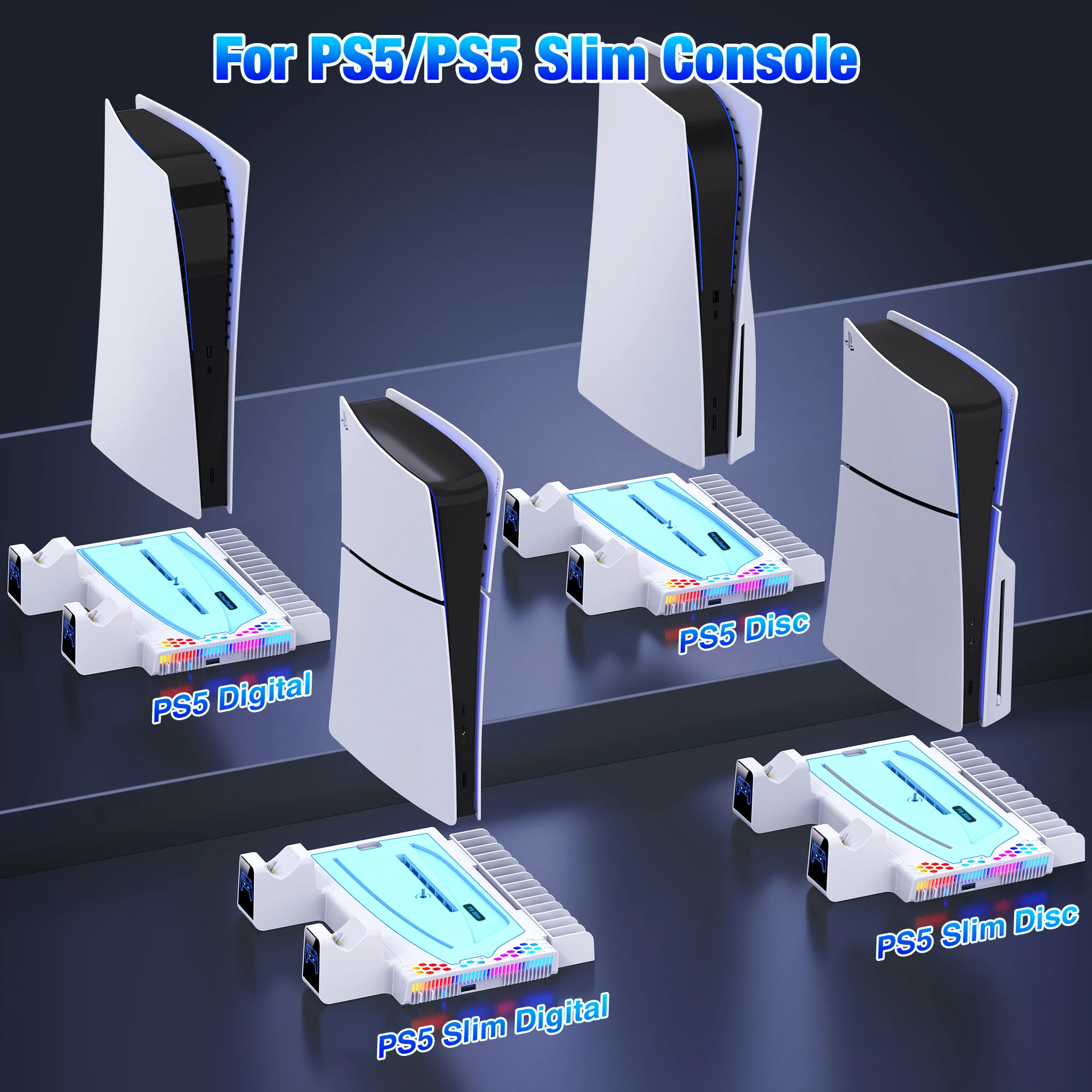 DinoFire RGB Cooling Fan Stand for PS5 Slim Vertical Stand for PS5 Controller Charger Gamepad Charging Dock with 14 Game Slot