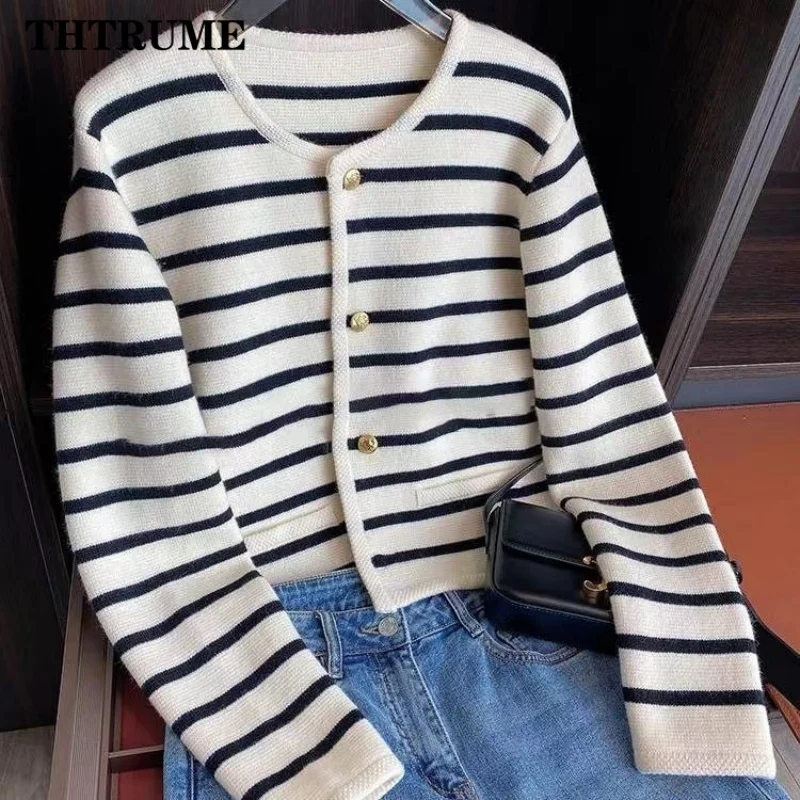 Women Fashion Warm Sweater Autumn Winter Knitted Striped O-Neck Single Breasted Jumper Casual Office Lady Long Sleeve Cardigan