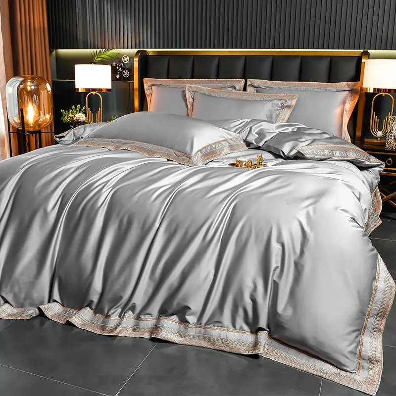 Silvery Grey Egyptian Cotton Bedding Set Luxury Chic Golden Embroidery Bedclothes Super Soft Duvet Cover Bed Sheet Pillowcases