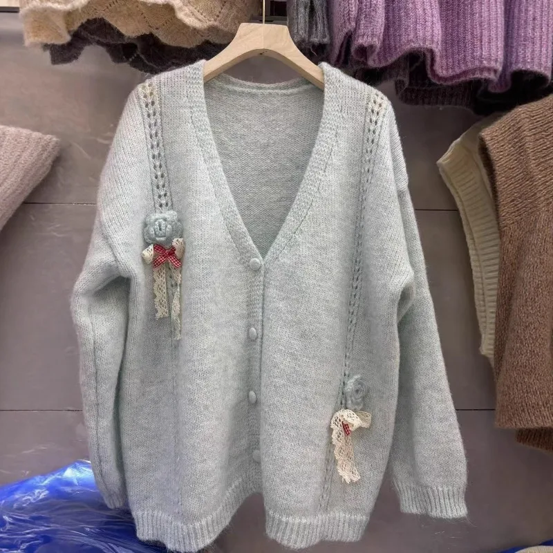 

Свободный, мягкий, вязаный кардиган из гладкой пряжи, универсальный, в стиле французского нежного ретро, с бантом, для женщин