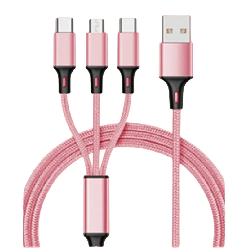 Câble de données One Drag Three pour Apple Android Typec 3 en 1, Charge rapide, tresse en Nylon de 1.2m, Transmission de données pratique et rapide